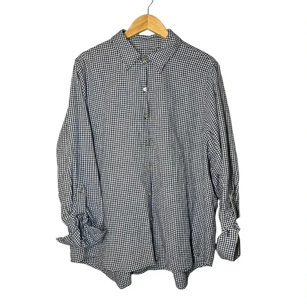 Anne Klein XL Navy Gingham Checkered Button Down Gold Buttons Lightweight